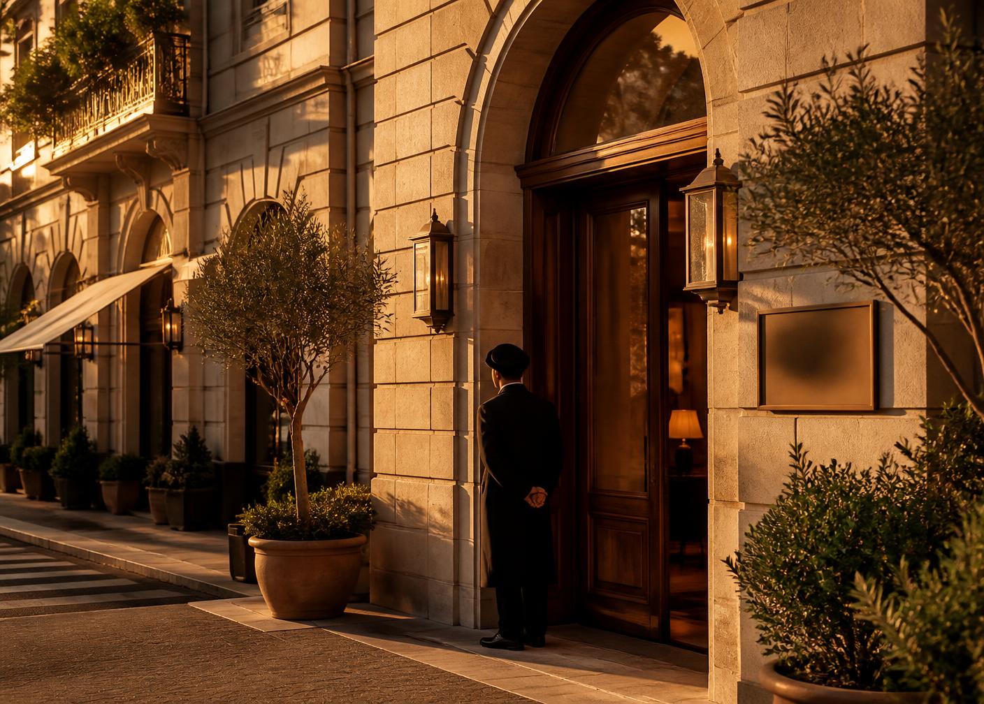 Hotel entrance at golden hour