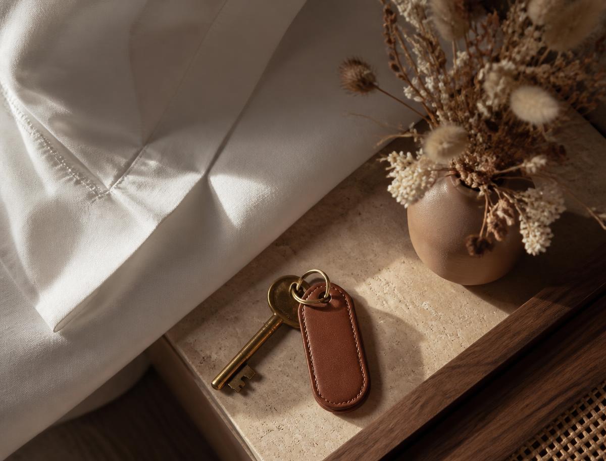 Room key, linen and dried flowers on a stone tray